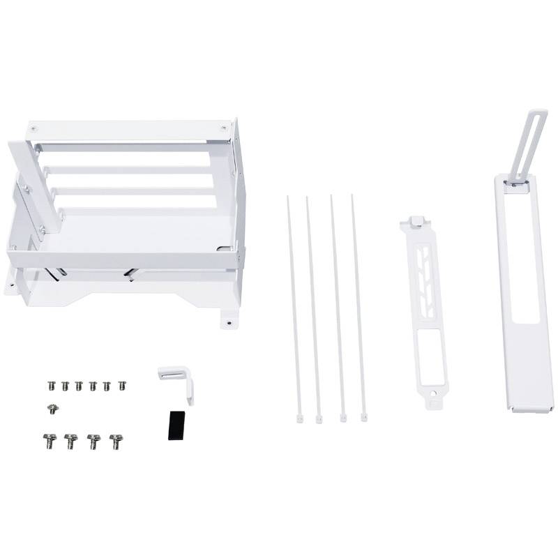White PC component bracket with screws and mounting accessories on a white background, for vertical graphics card mounting.