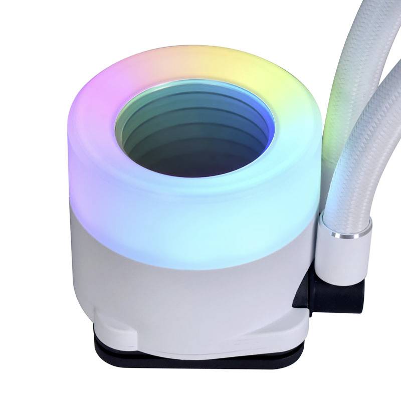 A round, white humidifier with a glowing LED ring in rainbow colours, two flexible hoses, and a modern aesthetic.