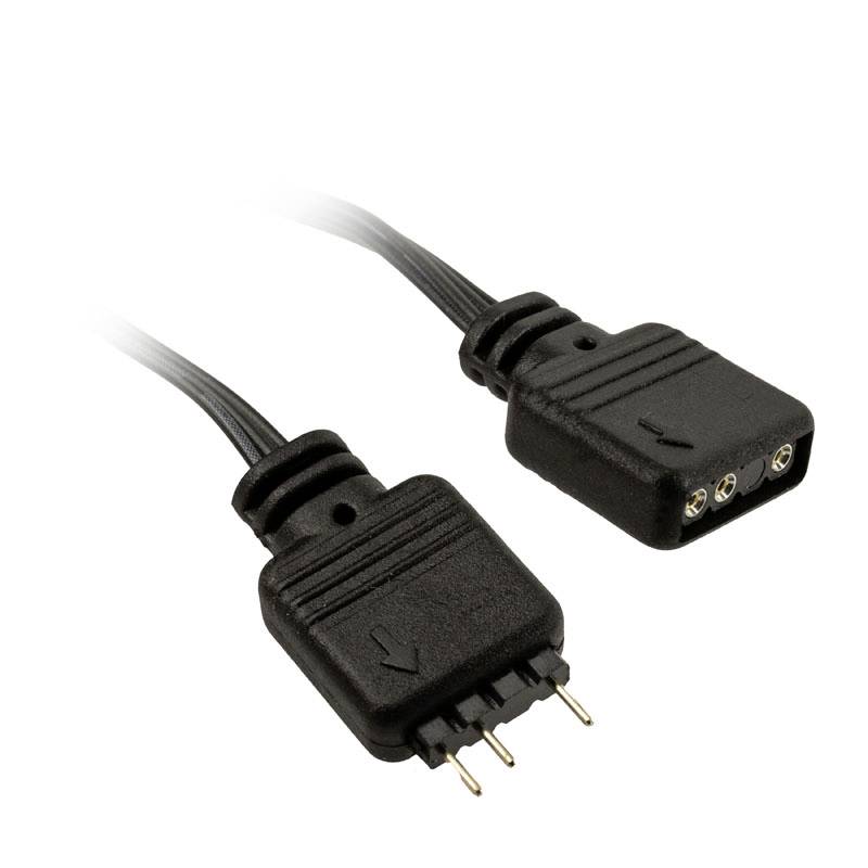 Two plugs with three pins each, connected by a cable. The arrows on the plugs indicate the orientation.