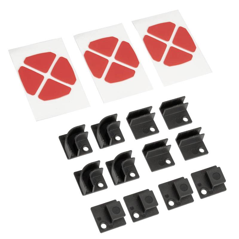 Red, hexagonal non-slip pads and black cable holders for cable management.
