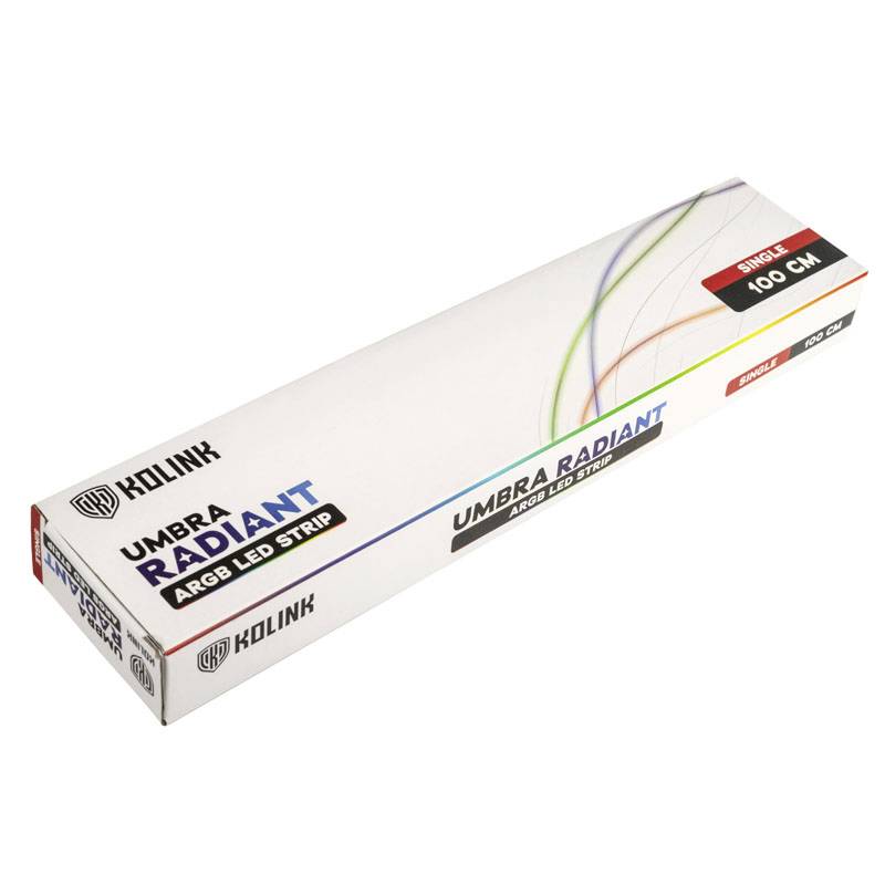 Packaging of a Kolink Umbra Radiant ARGB LED strip, 100 cm, displaying the product logo and graphics of colourful light strips.