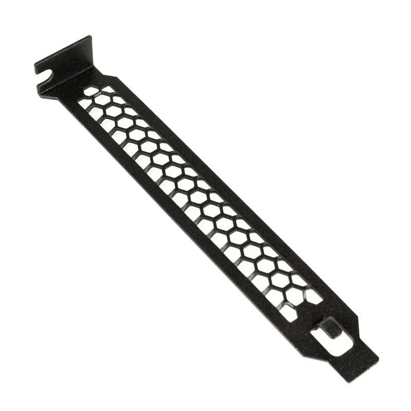 Black, rectangular metal blanking plate with hexagonal holes for PC cases, which can serve as a cover or ventilation slots.