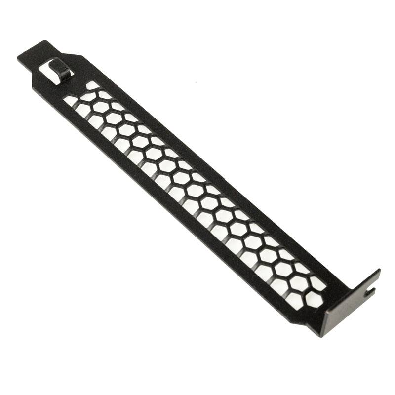 Black metal element with hexagonal holes, likely a ventilation grille for a computer case, viewed from the side.