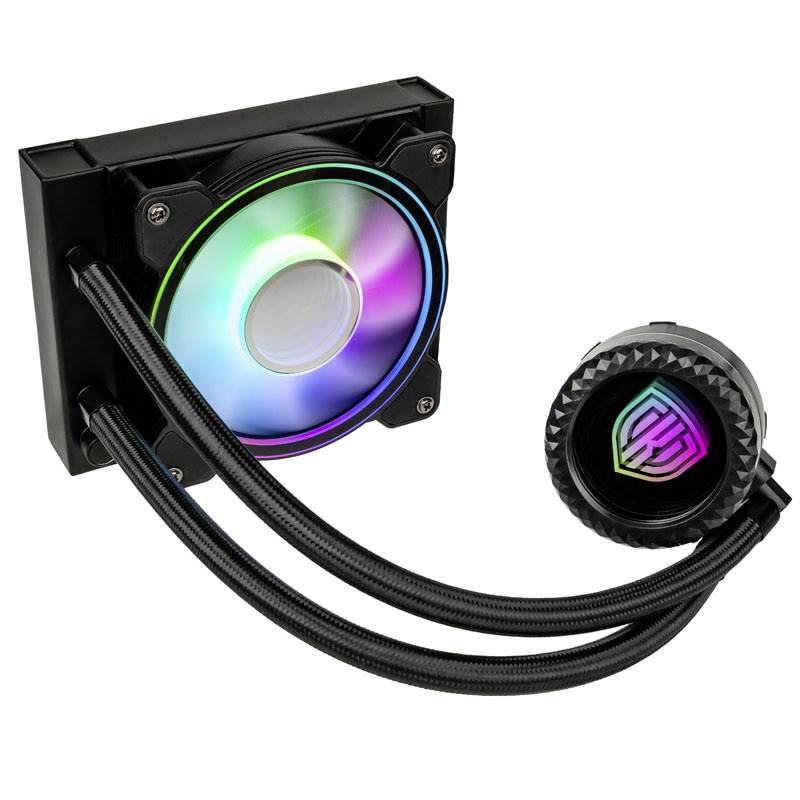 Liquid cooler with RGB lighting, consisting of a fan and a round radiator head, connected by two tubes.Liquid cooler with RGB lighting, comprising a fan and a circular radiator head, linked by two hoses.