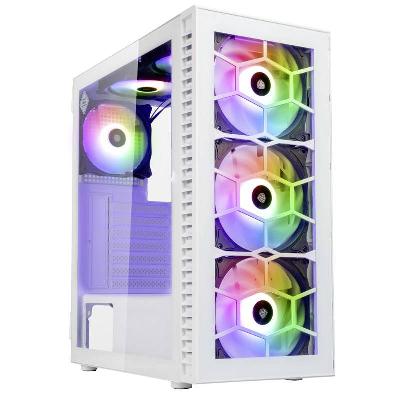 Computer tower in white with a transparent side window, illuminated by colourful RGB fans. Modern equipment and eye-catching design.