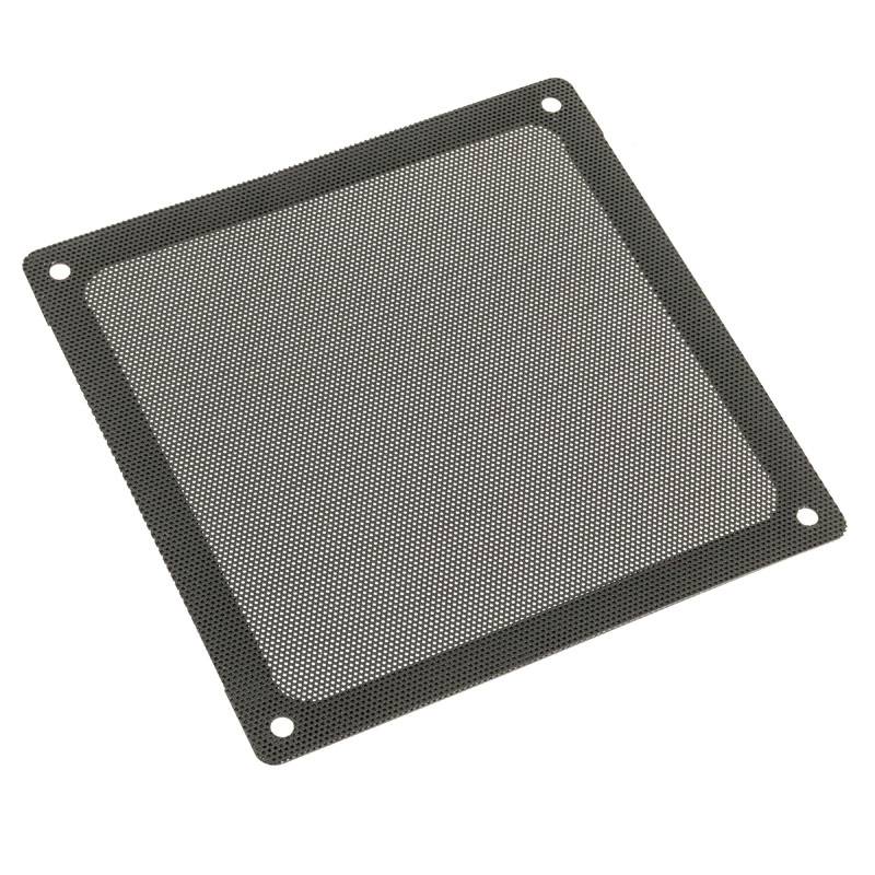 A square black dust filter with fine mesh fabric, typically used on computer cases to prevent dust accumulation.
