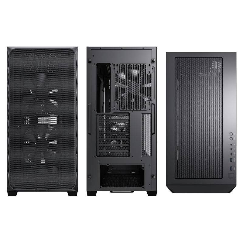 Three views of a black computer case, showing the front, back, and top. Fans and ports are visible.