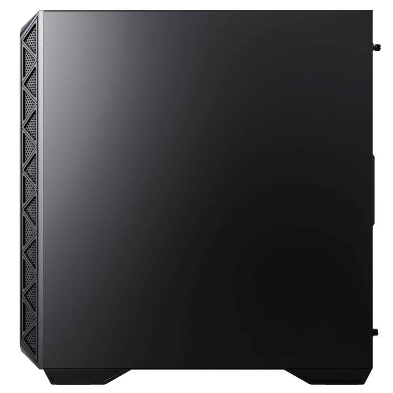 Black computer case with a smooth surface and ventilated side panel.