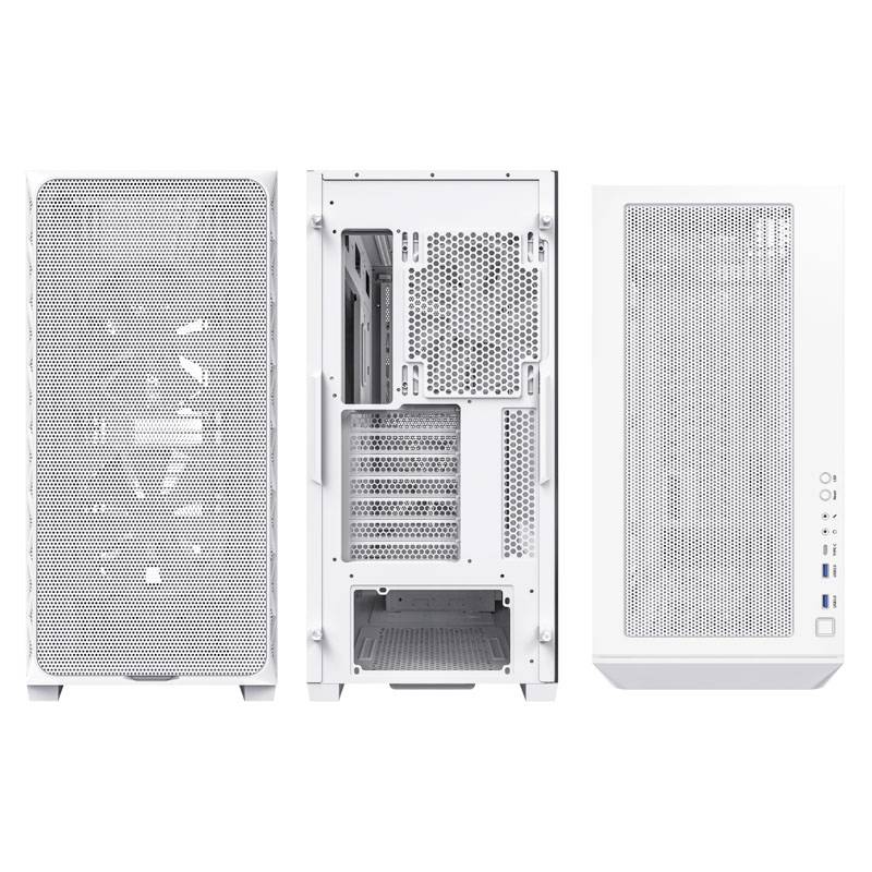 White computer case in three views: front, back, and top. Visible ventilation grilles and USB ports.