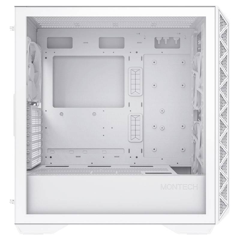 A white computer tower case with multiple fans and space for cable management, providing room for various hardware components.