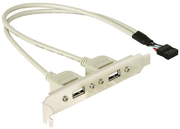Two USB connection cables on a metal mounting bracket, connected to an internal PC connector plug.