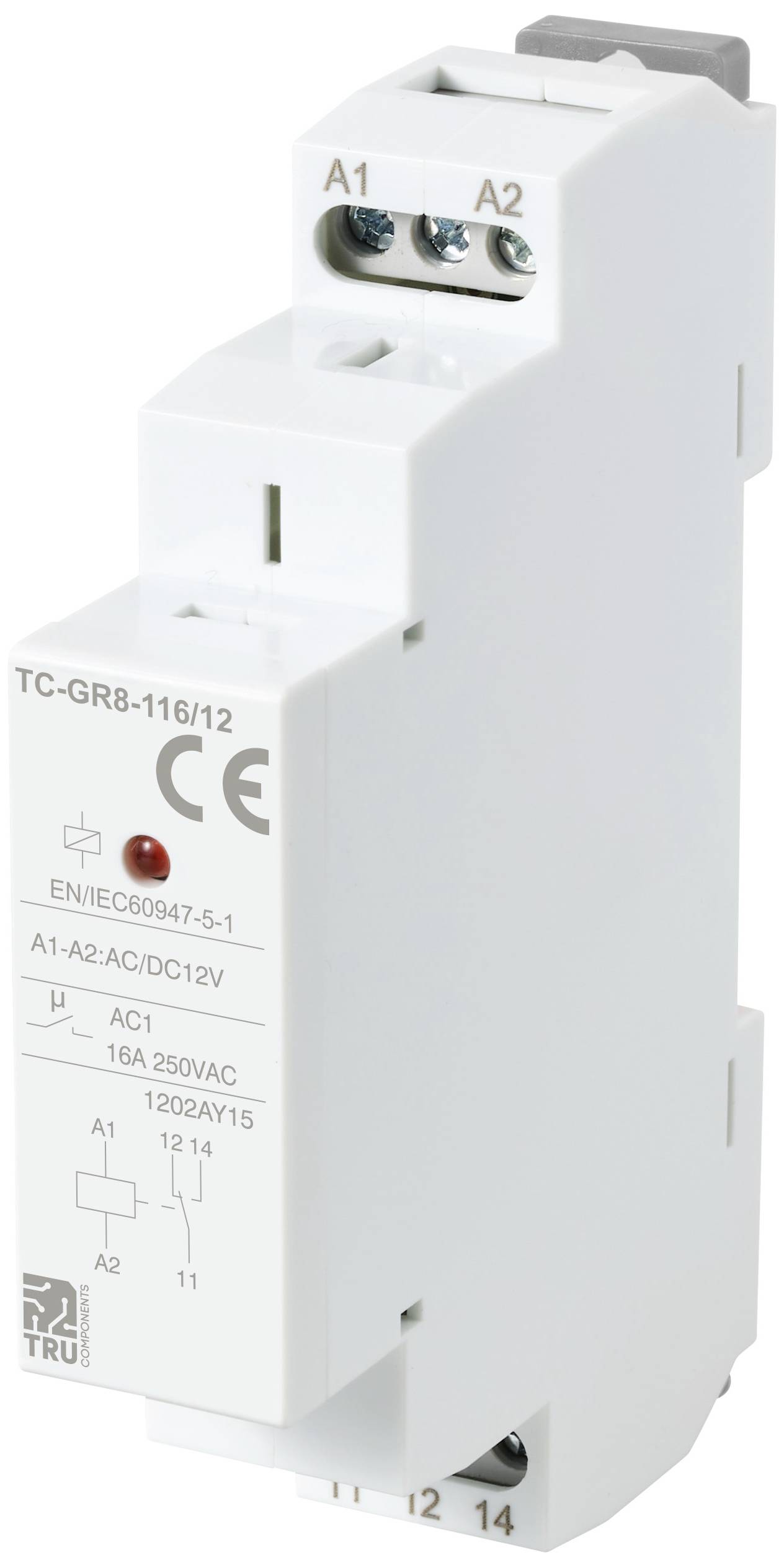 A single-pole electrical relay in an industrial housing with connection terminals, rating data printed. Model number and circuit diagram depicted.