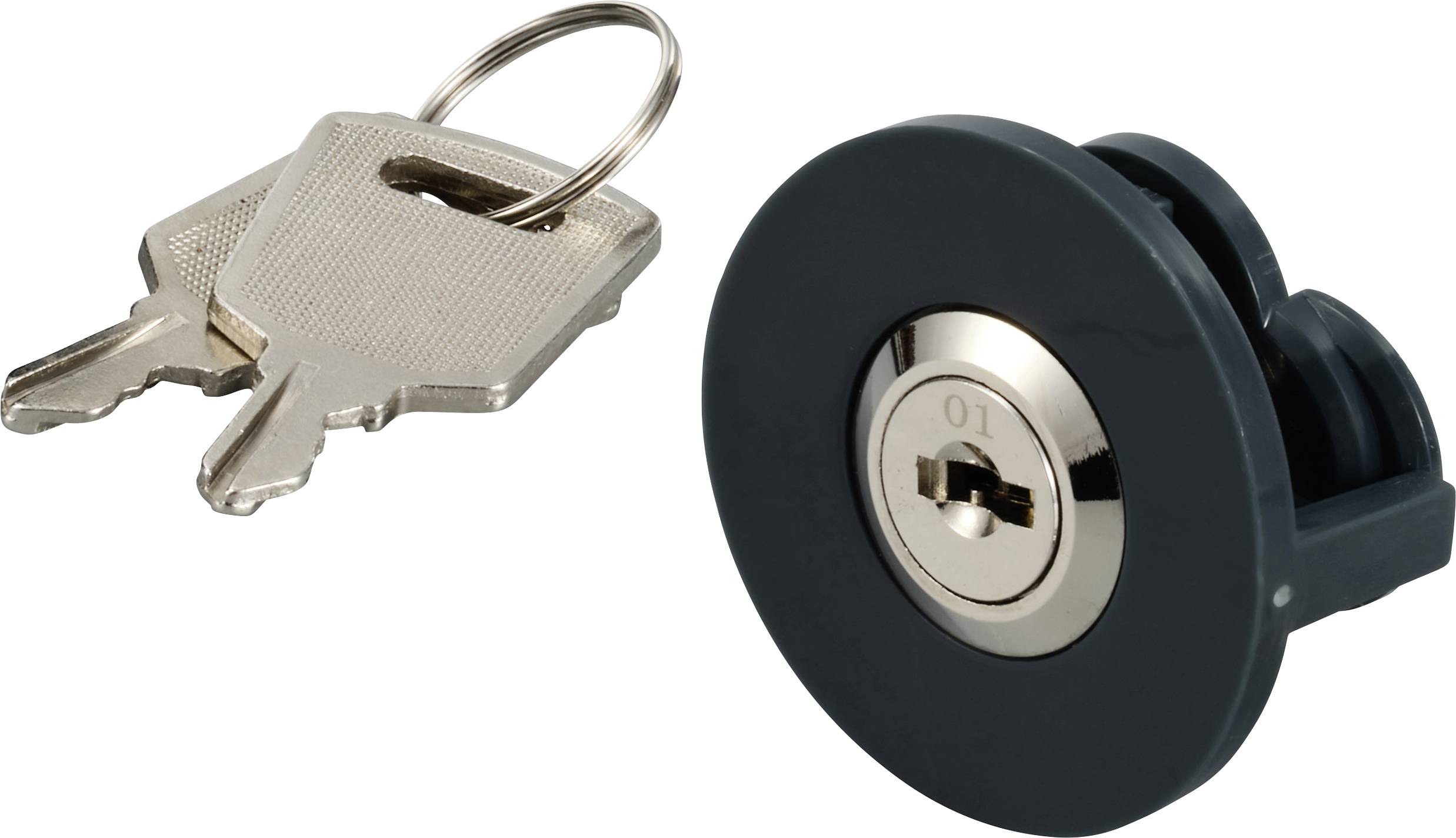 Two silver keys on a ring next to a black cylindrical lock, suitable for furniture or cupboards.