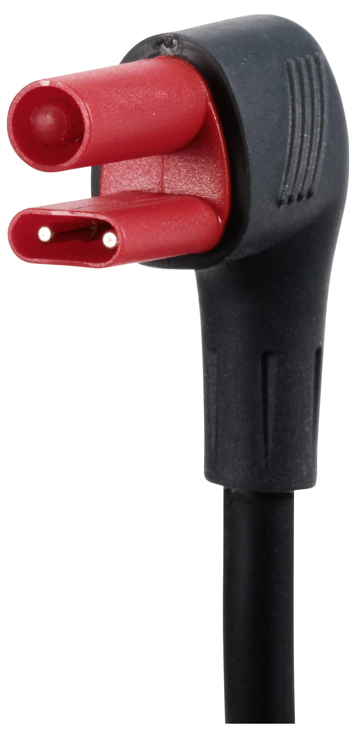 A black cable plug with two parallel, round red connectors, suitable for electronic connections.