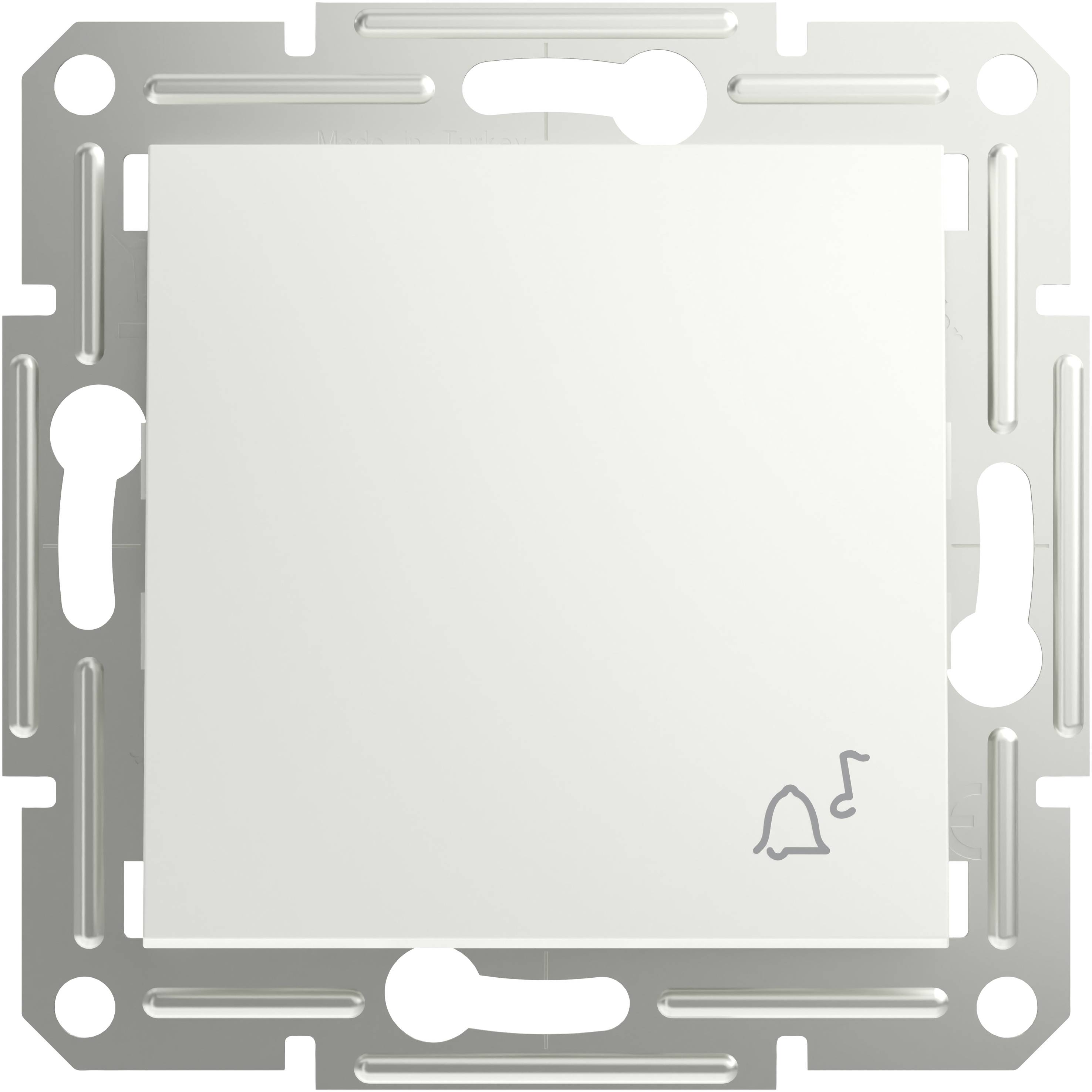 A white light switch with a bell symbol and a note, mounted on a rectangular metal plate.