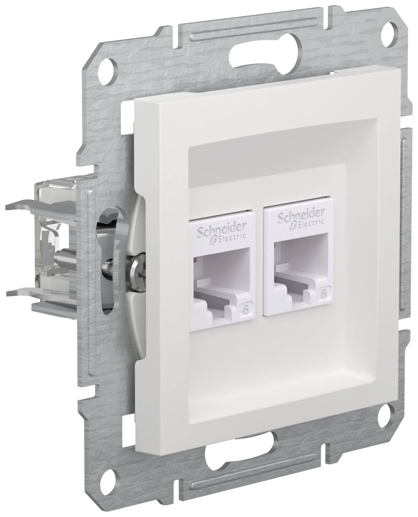 A white double network socket by Schneider Electric, mounted on a metal frame for wall installation.