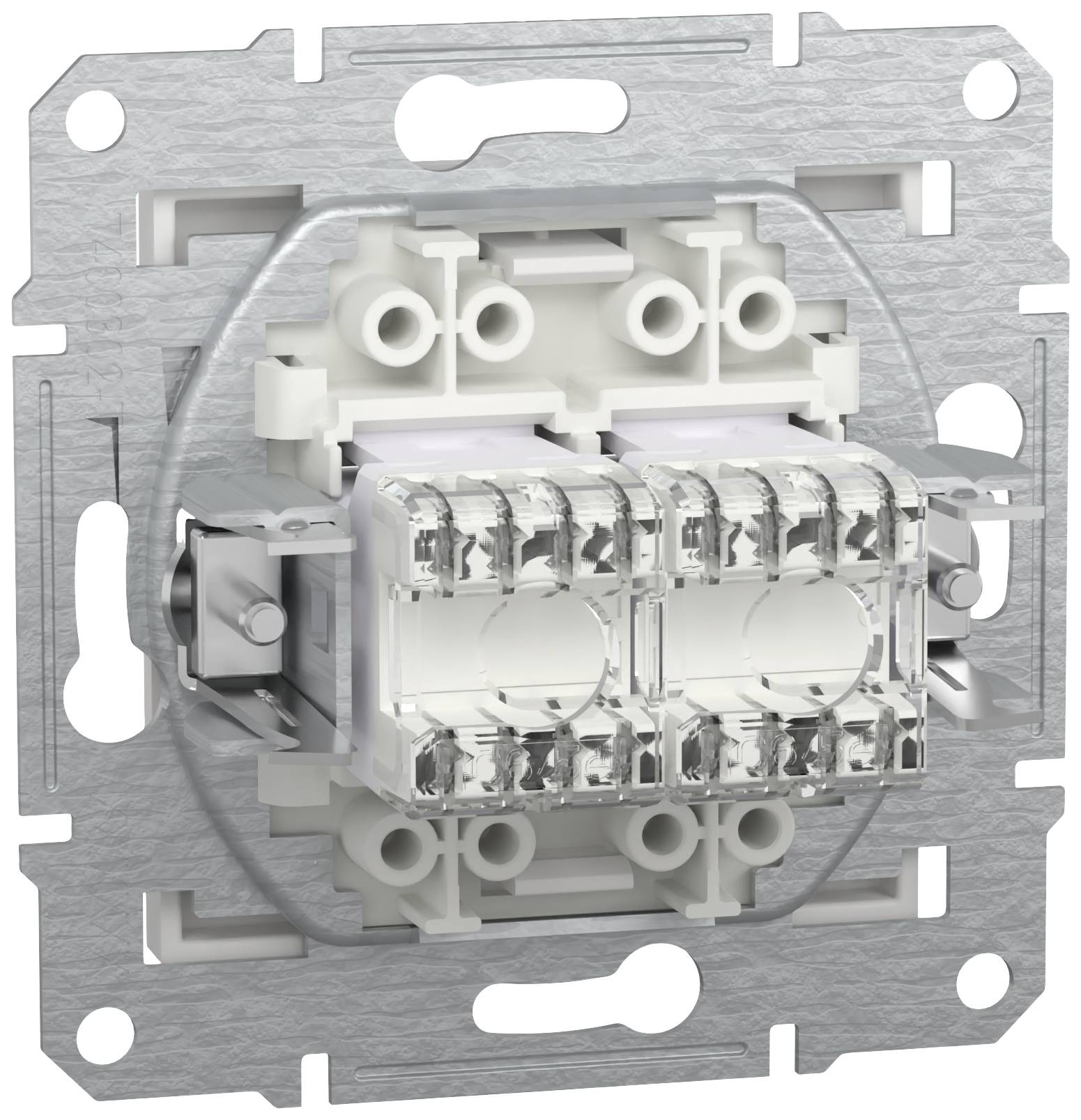 An electrical light switch with multiple terminals and transparent terminal blocks is mounted on a grey metal frame.