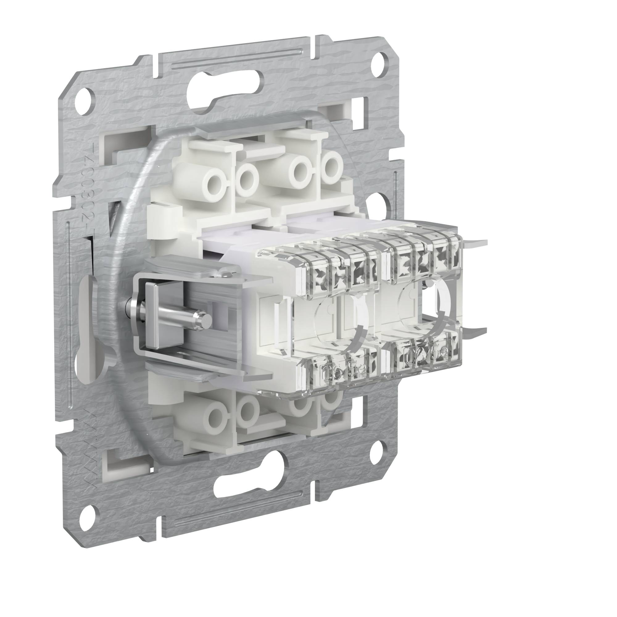 Image of an installation switch with protruding, transparent connecting elements on a metal mounting bracket.