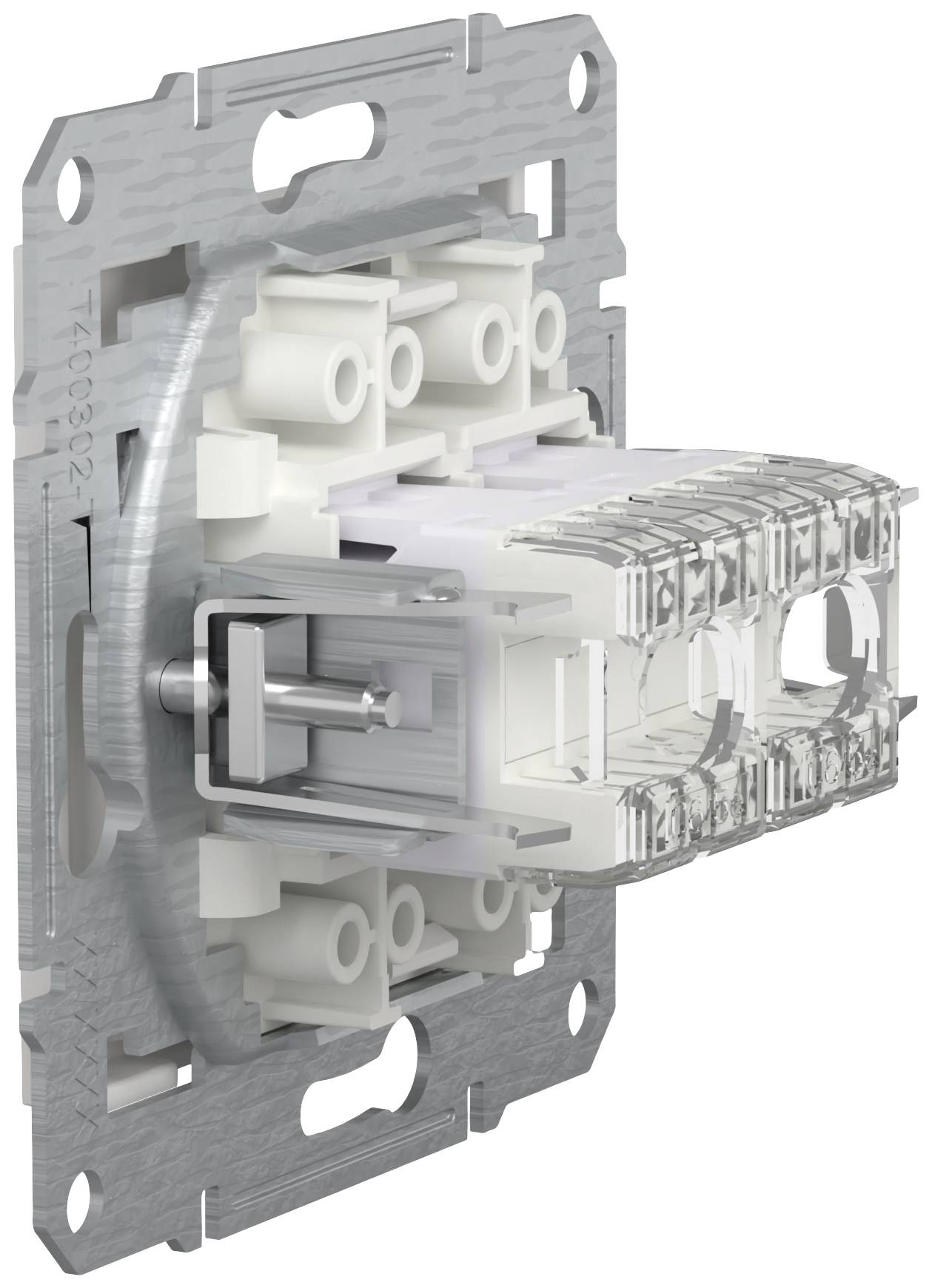 An electrical light switch without a cover, with visible metal and plastic mechanical components designed for wall installation.