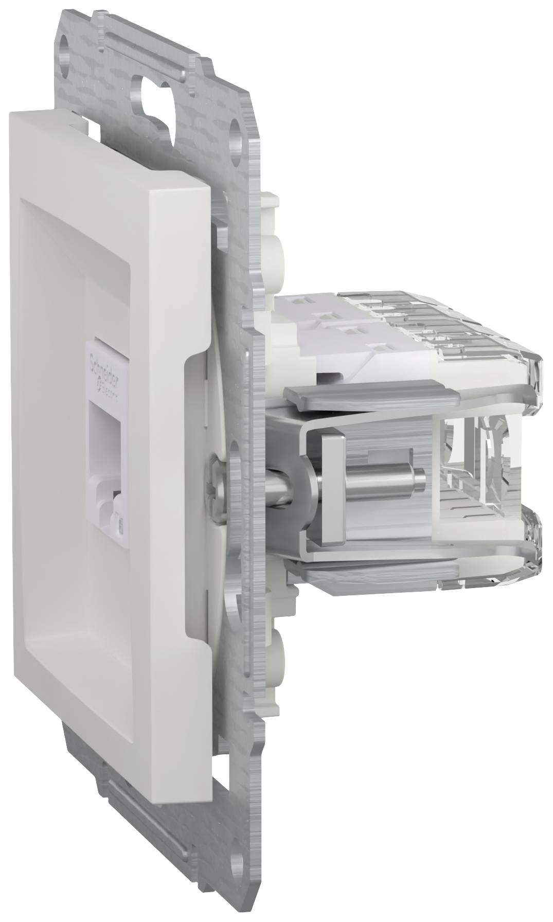 An electrical wall switch in side profile. The housing with switch mechanism is visible. Suitable for modern electrical installations.