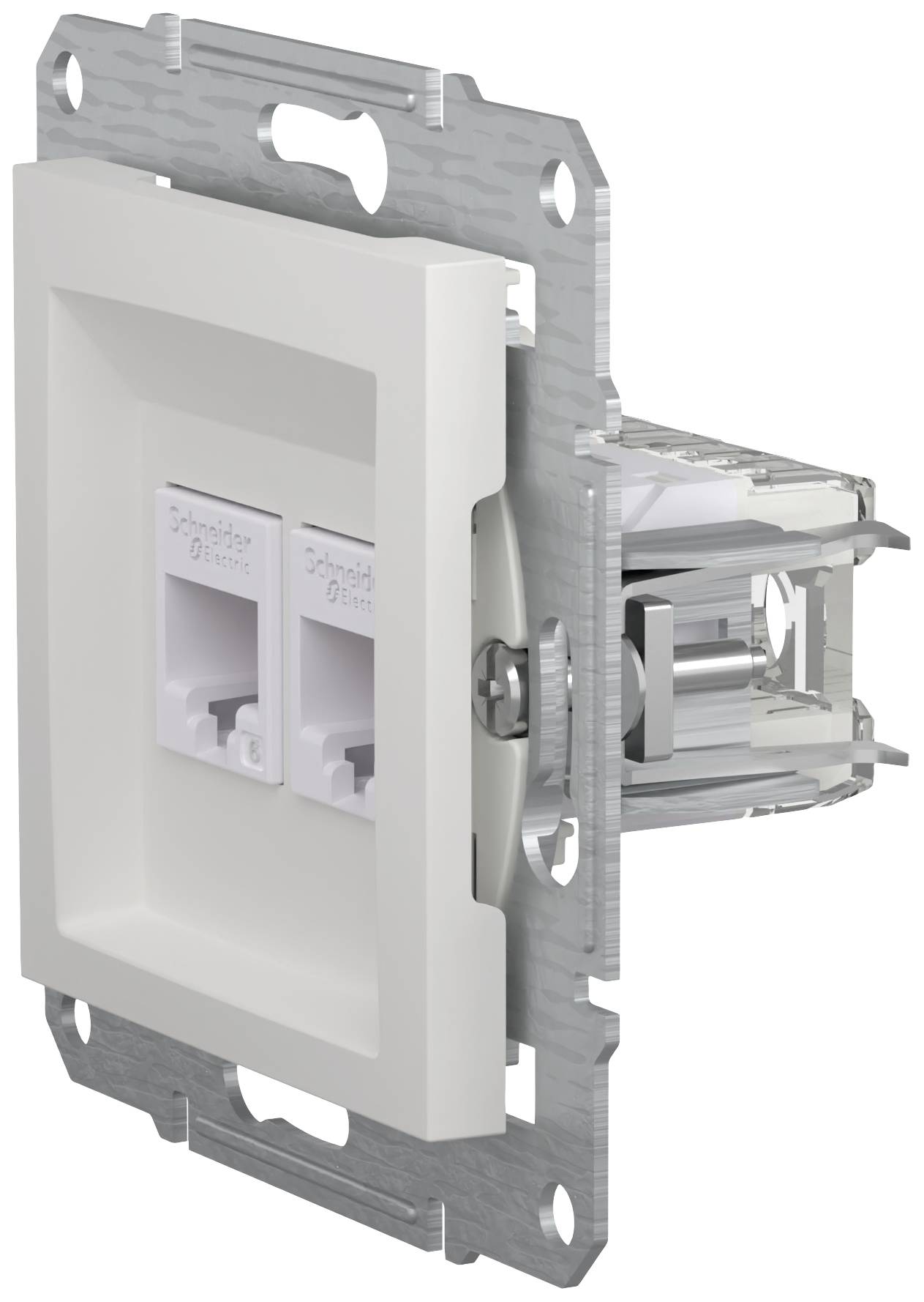 A dual network socket with two RJ45 sockets in a metal frame, suitable for wall mounting in network installations.
