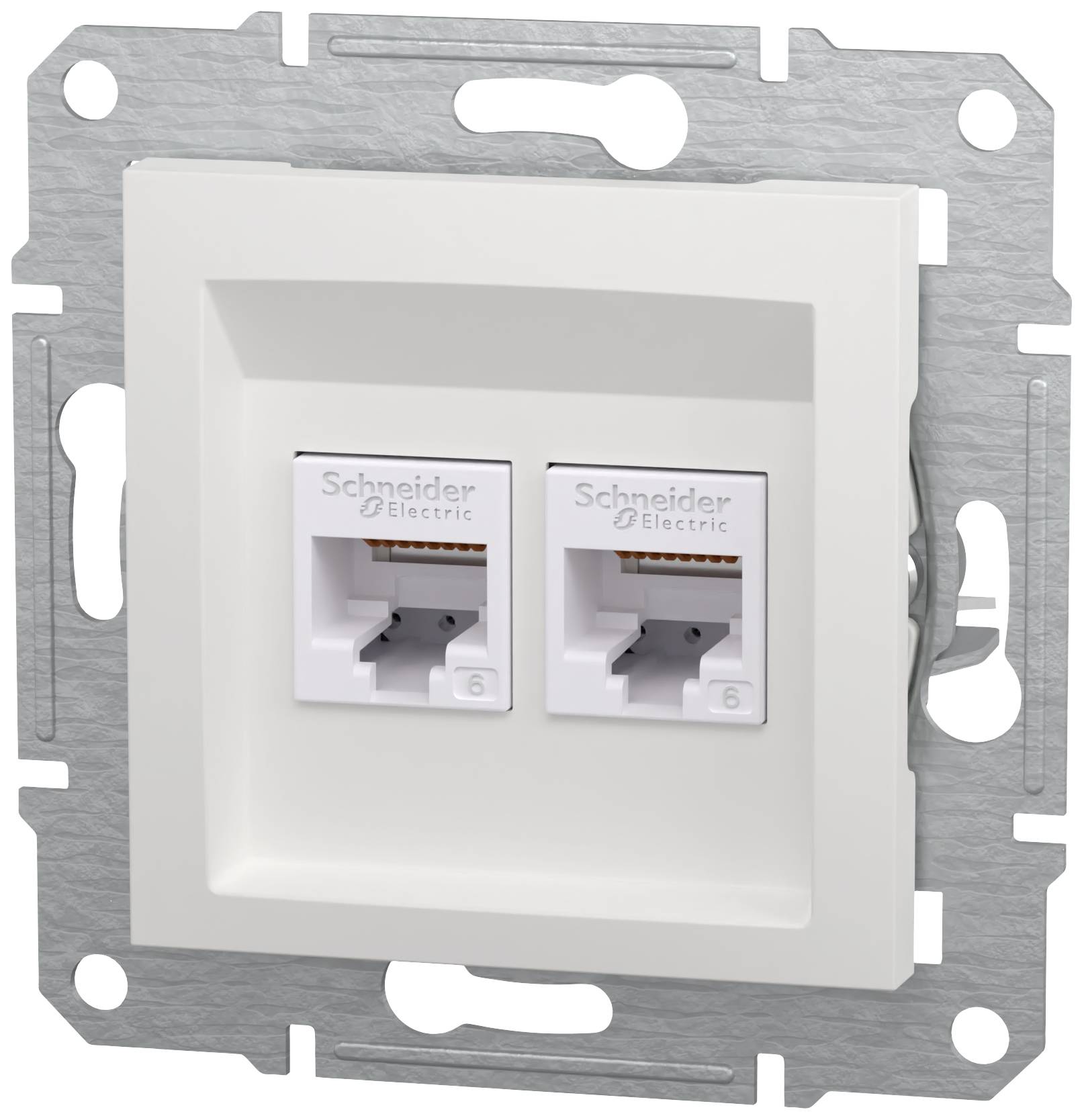 Two network sockets in a white wall plate, labelled with 'Schneider Electric'. Suitable for RJ45 connections.