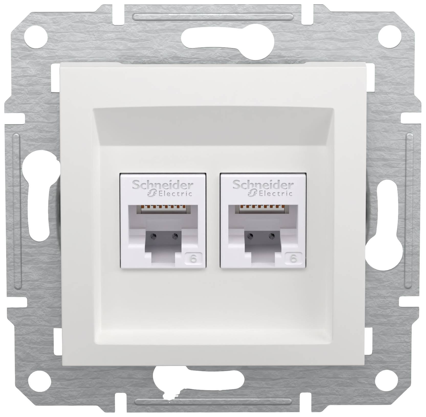 Two RJ45 network sockets by Schneider Electric in a wall mounting, suitable for network connections in buildings.