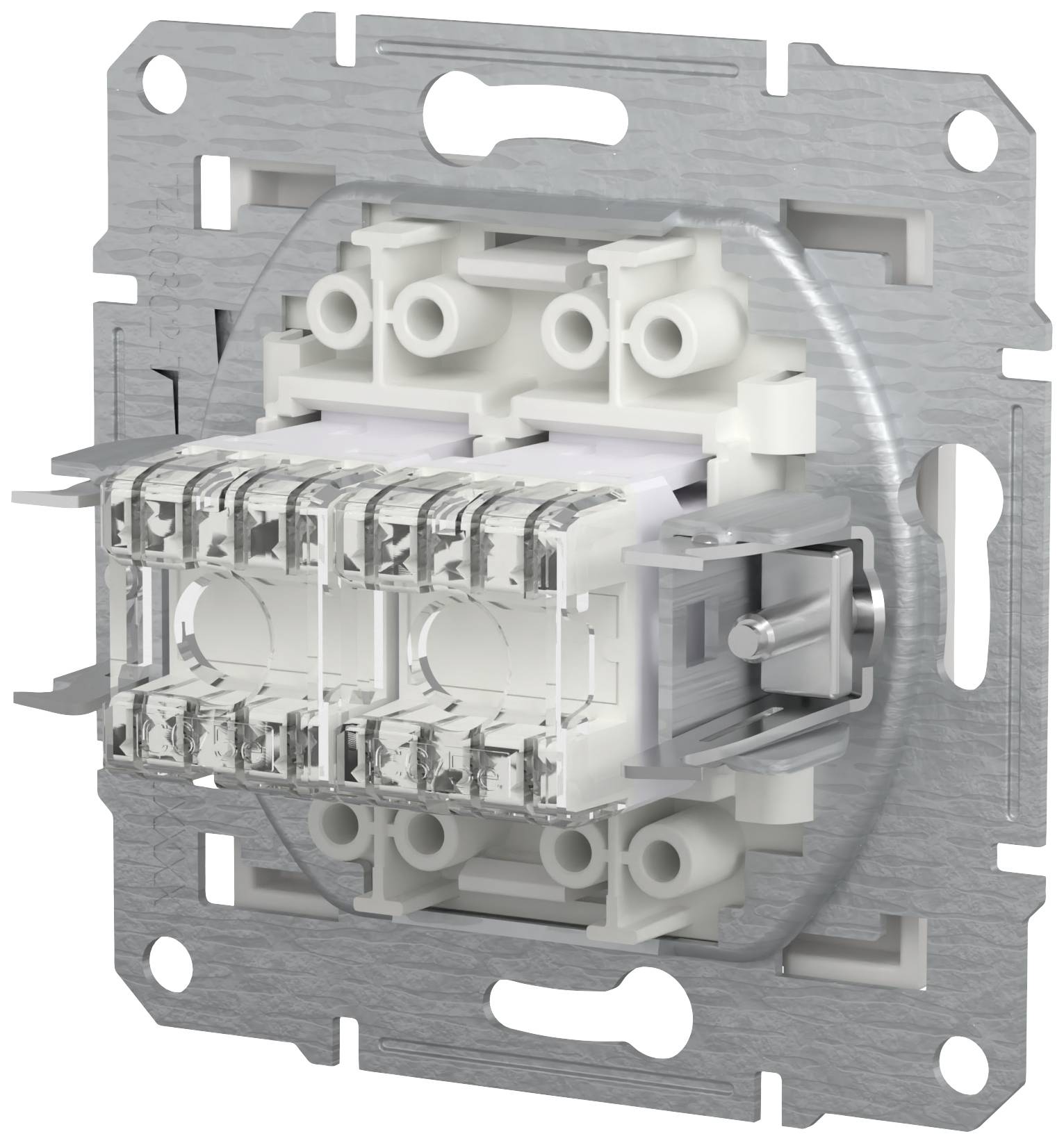 Metal flush-mounted socket box with terminals, suitable for electrical installation. Textured surface and connection points visible.