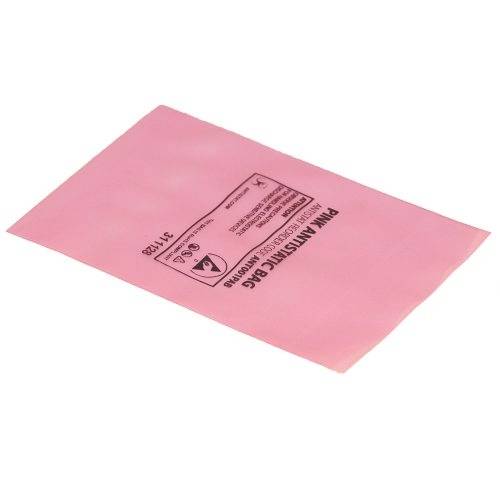 Pink antistatic bag with printed symbol and text indicating electrostatic safety features.