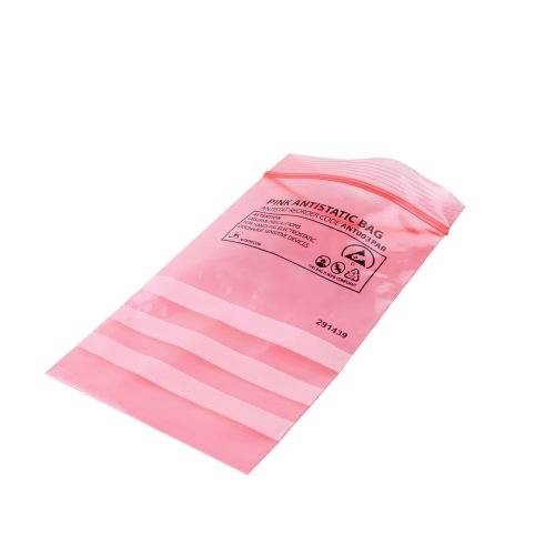 Pink anti-static bag with the inscription 'PINK ANTISTATIC BAG' and recycling symbol. Suitable for protecting sensitive electronic equipment.