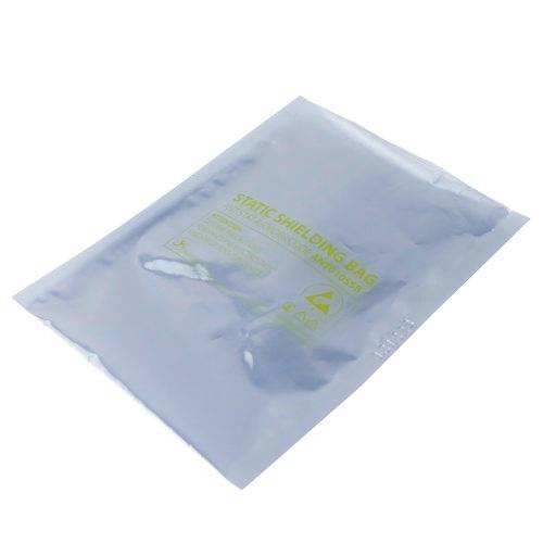 A silver anti-static bag for protecting electronic components. The bag displays warning notices and symbols.
