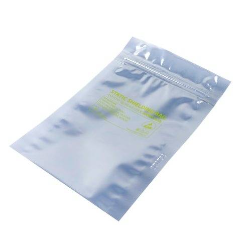 A glossy anti-static bag with yellow printing. The text contains details about static shielding and safety warnings.