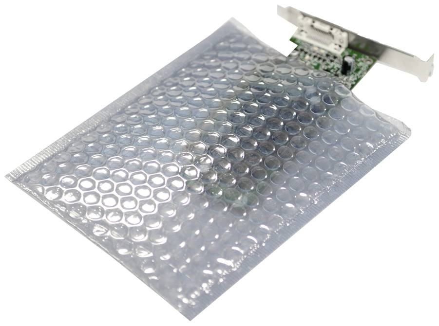 A computer circuit board partially in an anti-static bubble wrap. Only part of the board is visible.