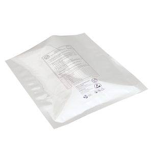 A white anti-static plastic bag with black symbols and information printed on the front.