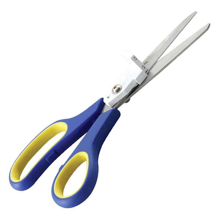 A blue and yellow pair of scissors with an ergonomic handle and sharp blades, cutting through thick materials.