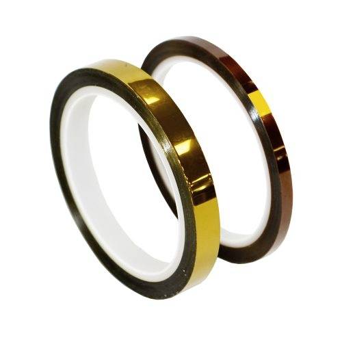 Two rolls of heat-resistant polyimide adhesive tape, one with a gold surface and one with a brown surface, for electrical insulation.