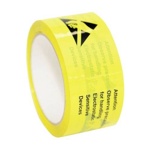 Yellow adhesive tape with a black warning notice for electrostatically sensitive devices, displaying a caution symbol.