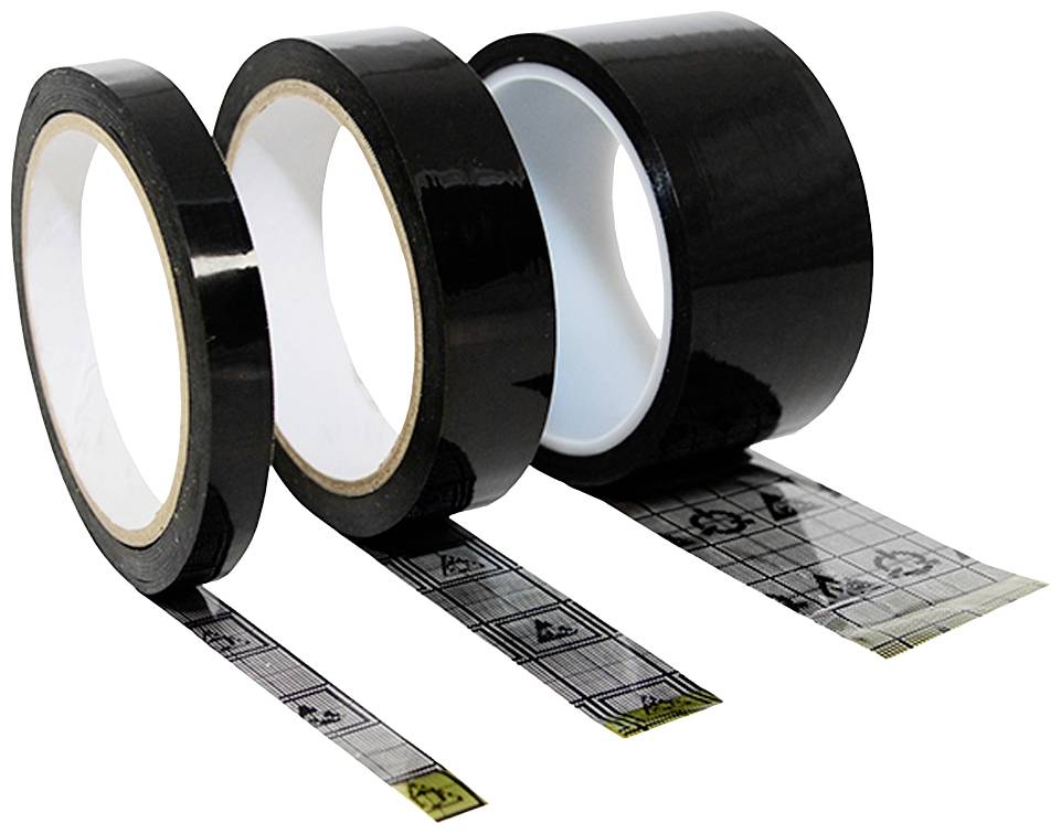 Three black rolls of adhesive tape: two unused, one with a tape strip unrolled, featuring black and yellow symbols.