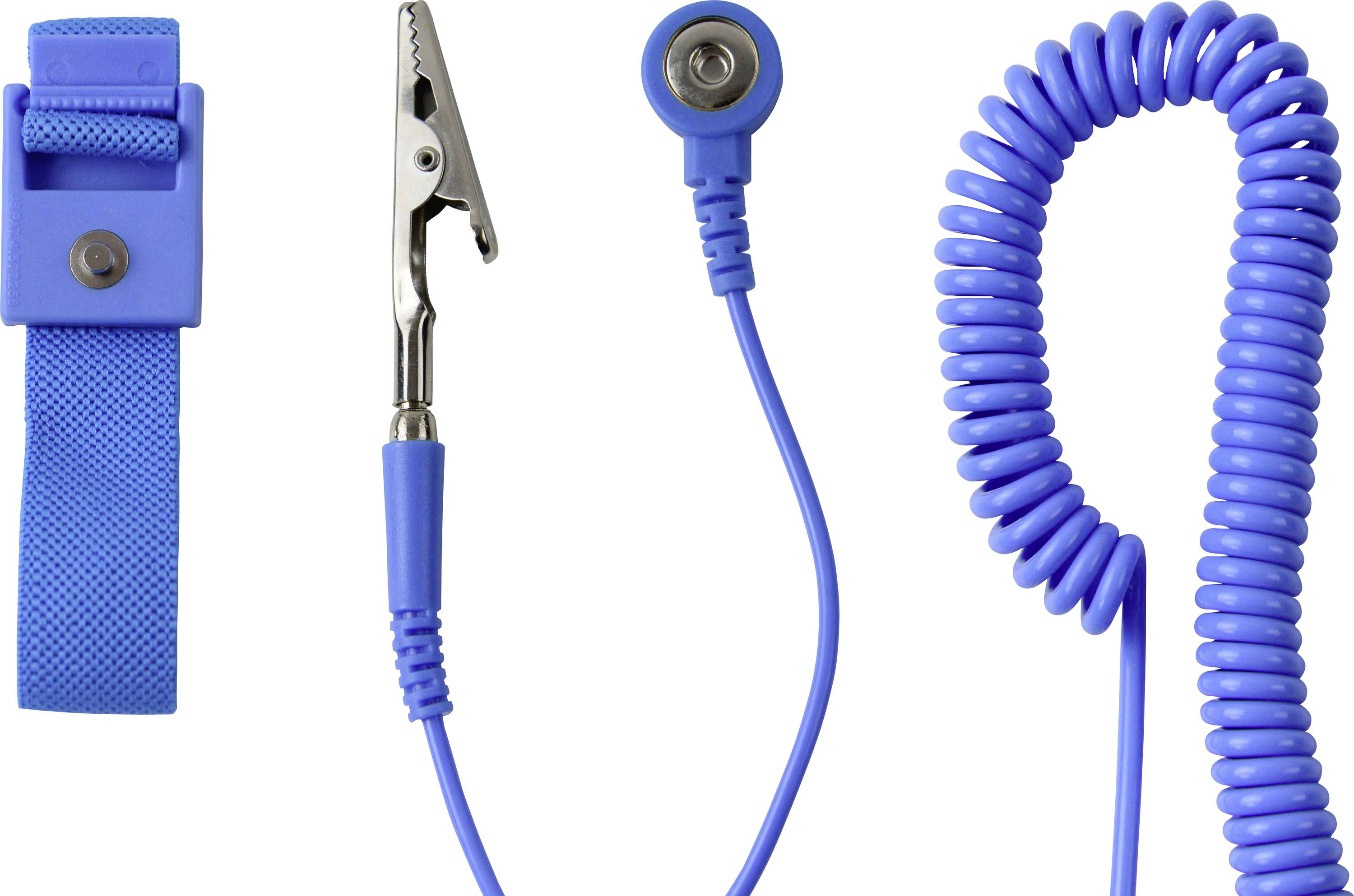 Blue earthing wristband, crocodile clip, and coiled cable for static discharge prevention, commonly used in electronic workshops.