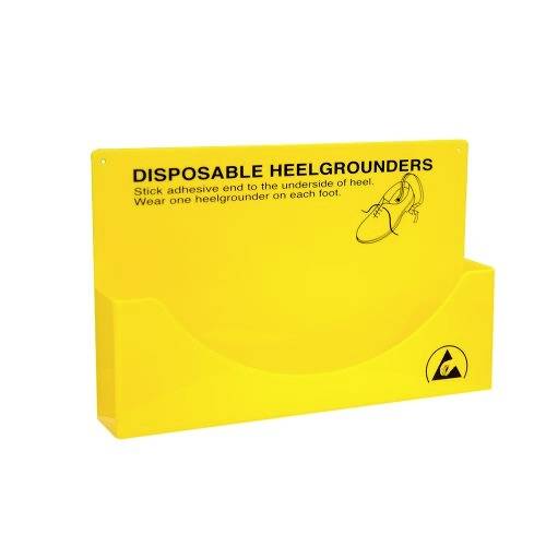 Yellow container for storing disposable heel straps with instructions for attaching to the heel to prevent static electricity.