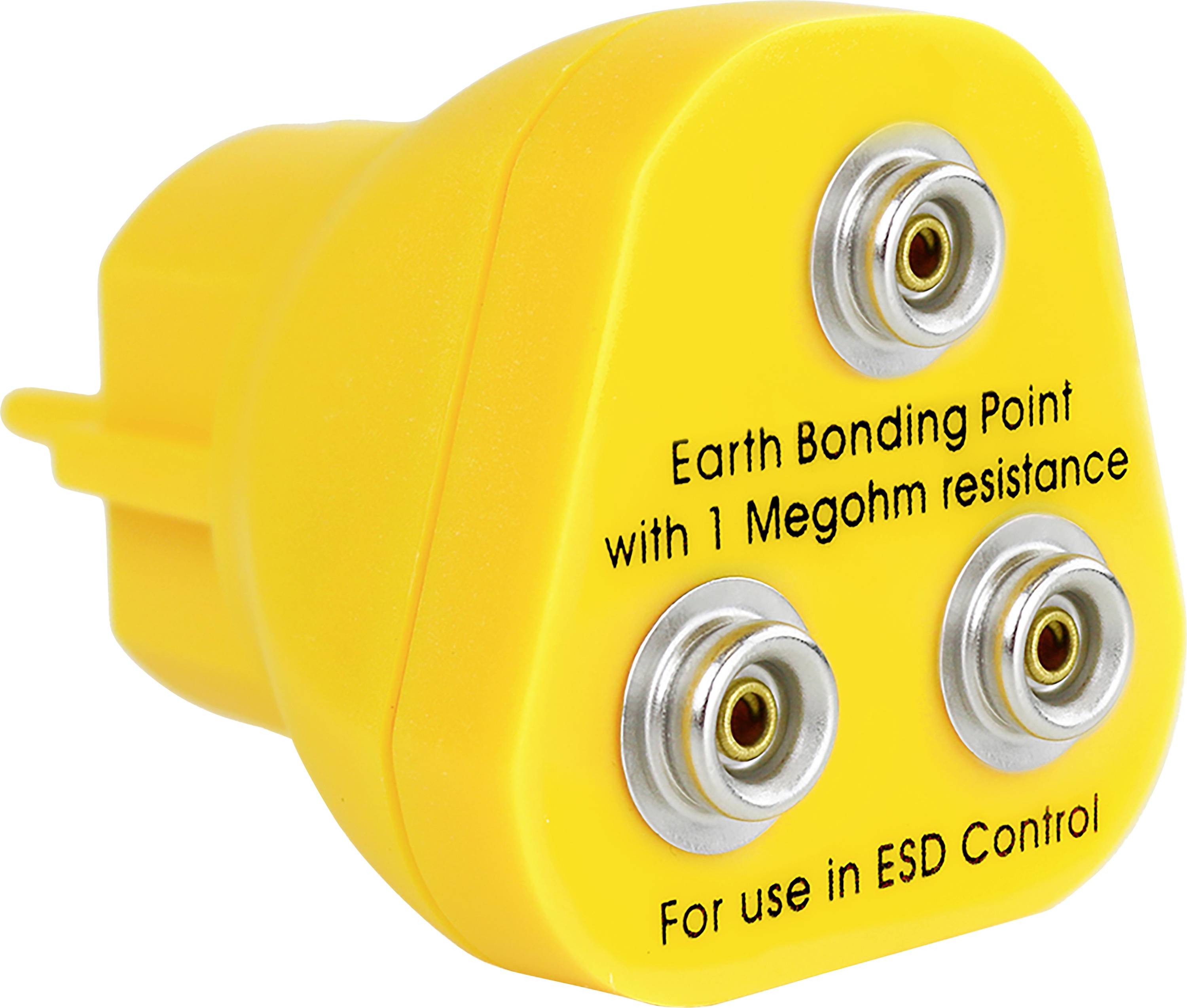 Yellow earthing plug with three terminals, inscription: 'Earth Bonding Point with 1 Megohm resistance'. Used for ESD control.