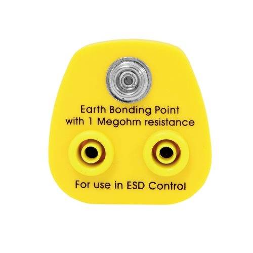 Yellow triangular earthing device, labelled with 'Earth Bonding Point with 1 Megohm resistance' and 'For use in ESD Control', with two connectors.