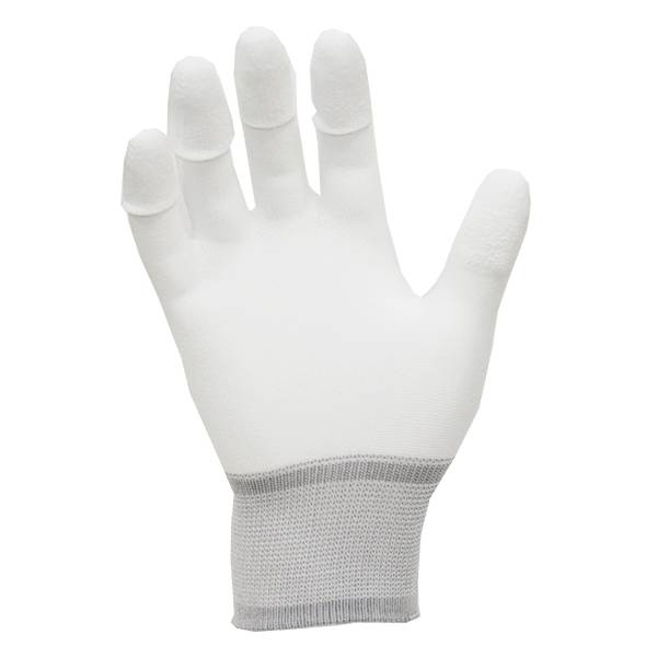 A white protective glove hand points upwards.