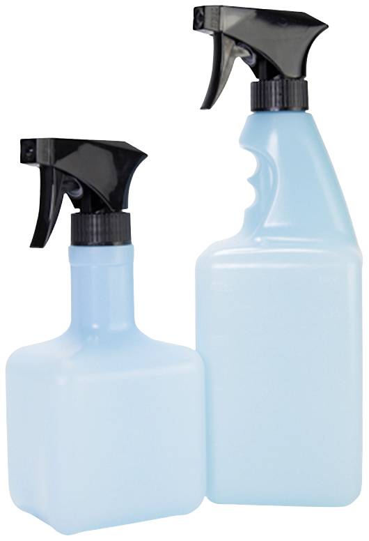 Two plastic spray bottles filled with blue liquid. One bottle is smaller than the other.