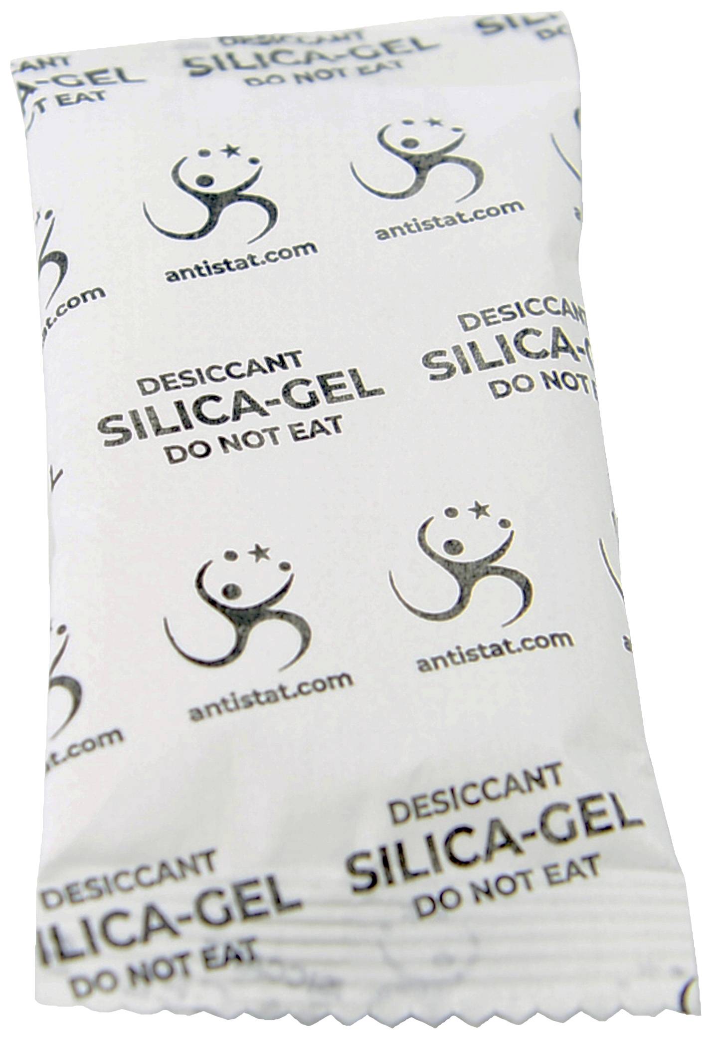 A white silica gel bag with black text 'DESICCANT SILICA GEL DO NOT EAT' and logos on the surface.