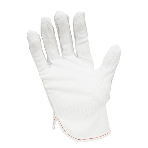 A white, structured work glove with five fingers, rear view. Ideal for light to medium-weight tasks.