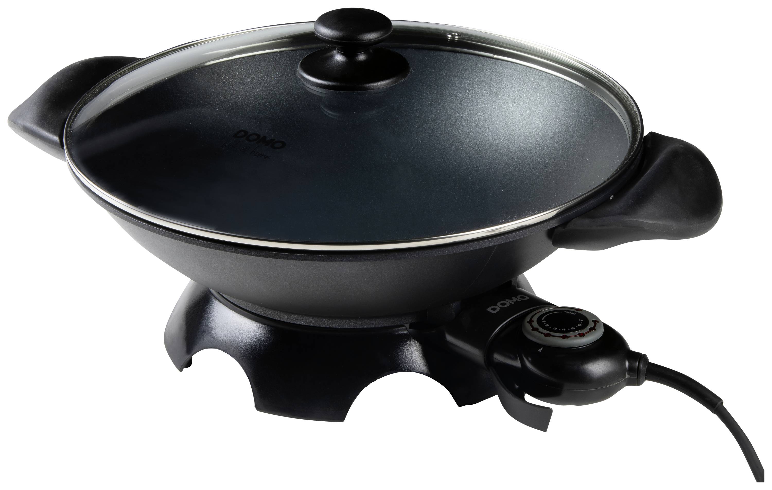 An electric wok with a glass lid and adjustable temperature control, suitable for cooking Asian dishes.