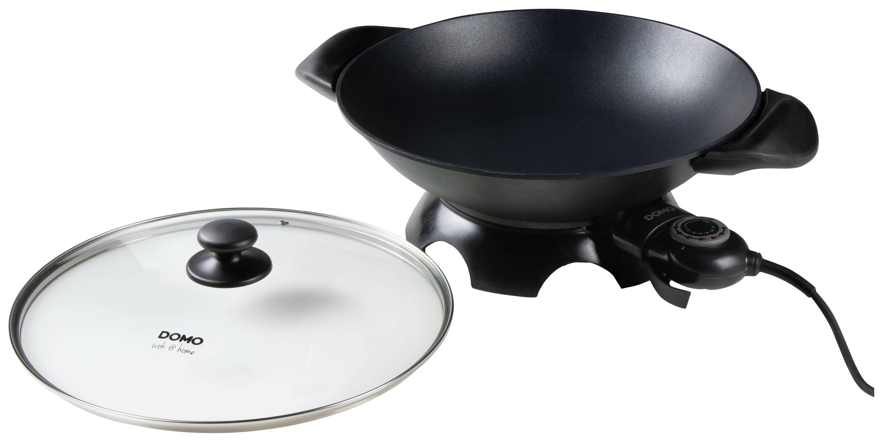 Electric wok pan with round handles and glass lid, suitable for frying and cooking.