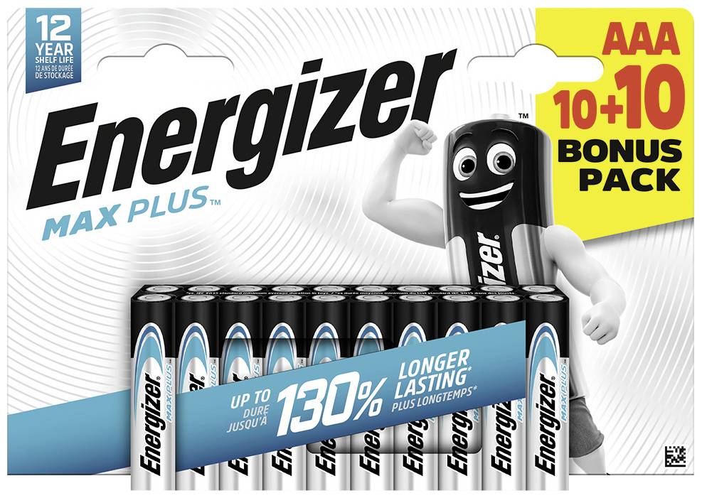 'Energizer Max Plus AAA 10+10 Bonus Pack' displays a package containing twenty batteries. A comic-style character designed like a battery raises their right hand.