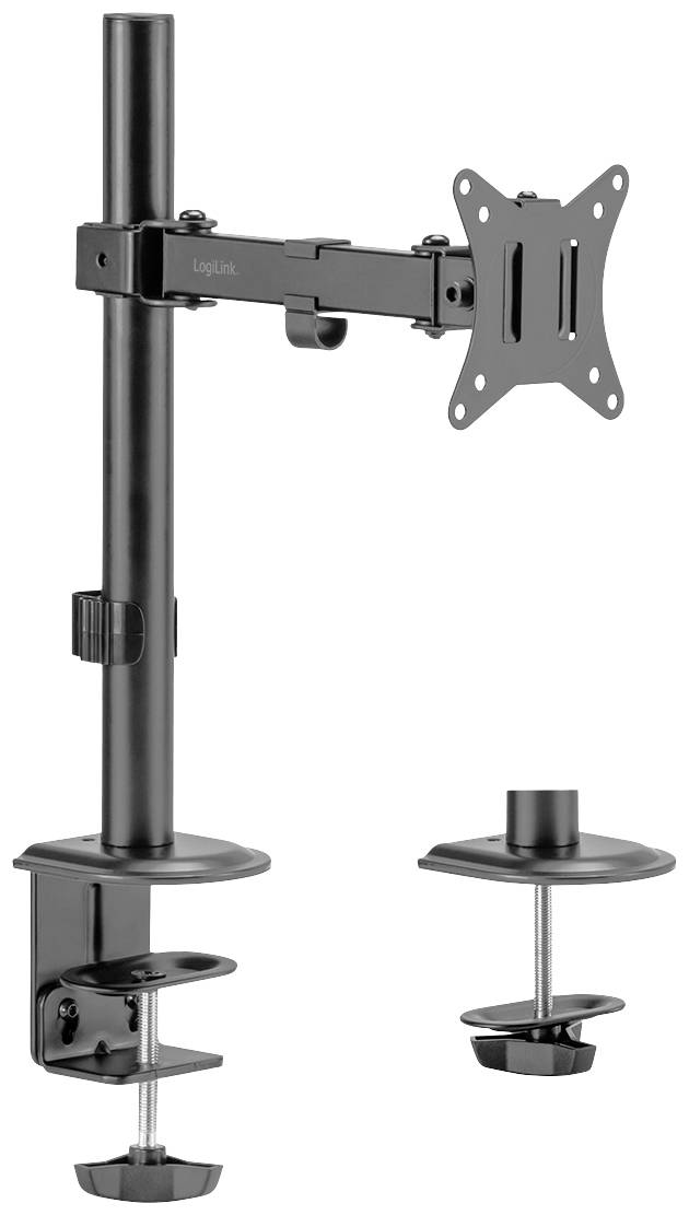 A black metal monitor stand with clamps for attaching to a desk, flexibly adjustable and height-adjustable.